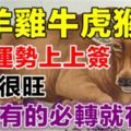 8月：你家裡有生肖【馬羊雞牛虎猴】嗎？家裡有的就有運！運勢上上簽，只有好事！