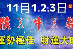 11月1.2.3日（猴X牛X豬）運勢極佳，財運大旺