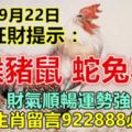 今天9月22日，每天旺財提示：雞猴豬鼠，蛇兔羊馬。財氣順暢運勢強！八大生肖留言922888必轉！