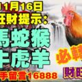 今天11月16日,每日旺財提示：雞馬蛇猴，龍牛虎羊。財旺之身！大財到手留言16888必轉！