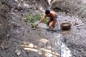 國外農村一男子抽乾河水赤腳光背摸魚，翻開污泥發現驚喜
