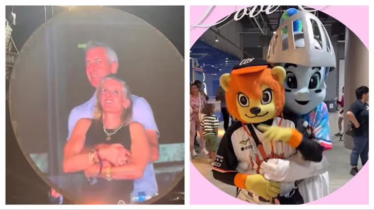 富邦悍將和統一獅的吉祥物19日故意重現科技公司員工偷情的畫面。（圖／翻攝自 X、富邦悍將Frankie IG）