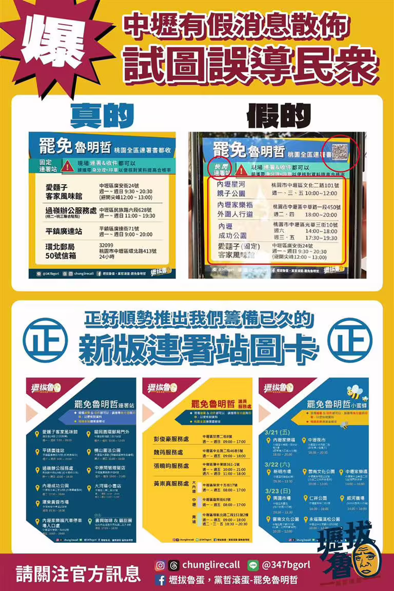 罷團指出,該份錯誤圖卡上的地點與時間幾乎全錯,時間甚至剛好錯開,質疑有人散播錯誤資訊。(圖/翻攝自壢拔魯蛋Threads) 罷團指出,該份錯誤圖卡上的地點與時間幾乎全錯,時間甚至剛好錯開,質疑有人散播錯誤資訊。(圖/翻攝自壢拔魯蛋Threads)
