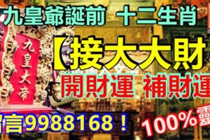 九皇爺誕前，十二生肖【接大大財】開財運補財運留言9988168！100%靈！