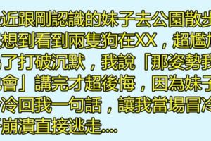 剛認識一美女，相約出去散步竟當場撞見「兩隻狗在親熱」，我脫口而出「那姿勢我也會！」，沒想到她冷冷的說....