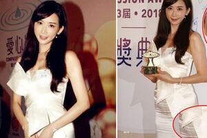 林志玲穿抹胸長裙現身香港，無PS鏡頭裡小腹微凸發福明顯