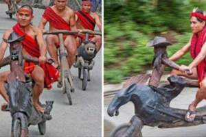 作陣來尬車！　菲律賓原住民「木雕自行車」大賽　超狂「野獸、人類」騎上路：時速飆到40公裡