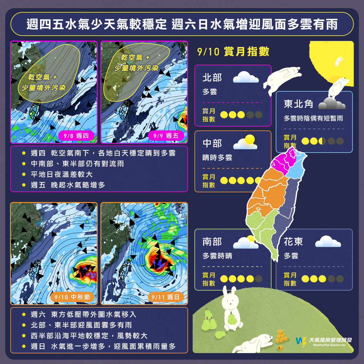 ▼周末台灣的迎風面地區，天氣狀況可能會較差。（圖／翻攝自天氣風險 WeatherRisk臉書）