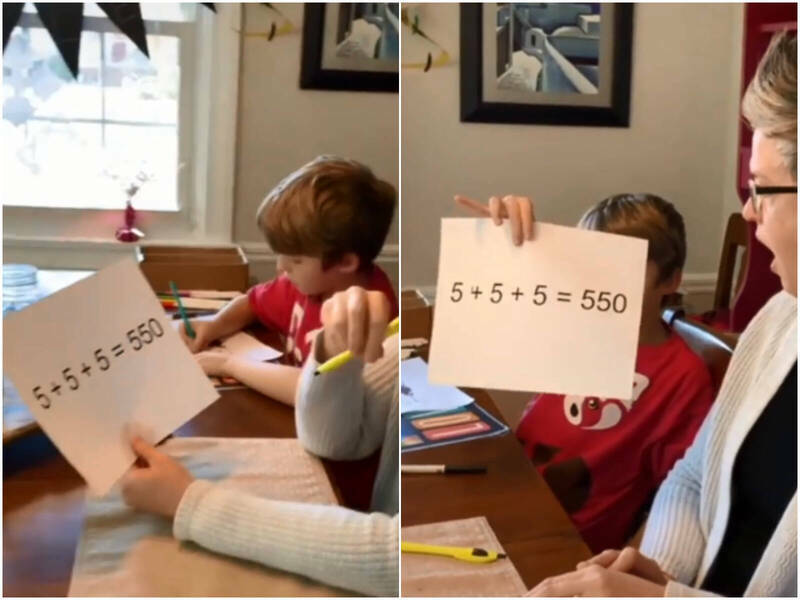 正當一家人想破頭不知該如何破解數學題目，一旁男孩接手後馬上就讓算式成立。（圖擷取自抖音）