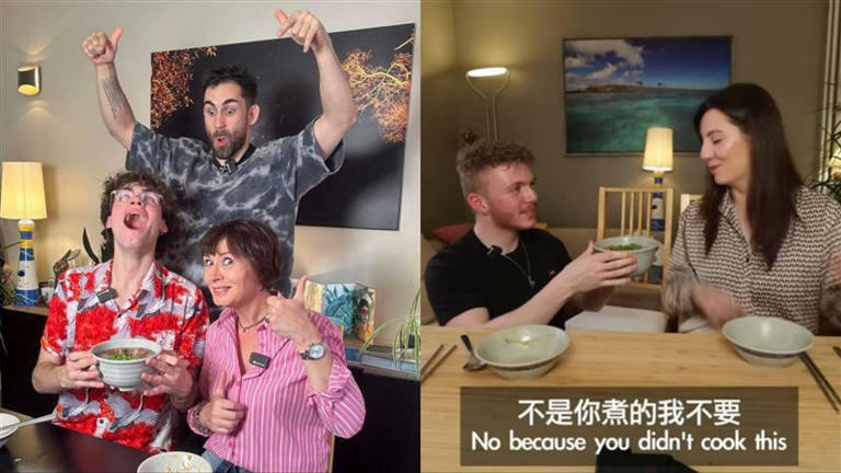 酷的夢(後排)將台灣美食帶給友人試吃。(圖/翻攝自酷的夢臉書、YouTube) 酷的夢(後排)將台灣美食帶給友人試吃。(圖/翻攝自酷的夢臉書、YouTube)