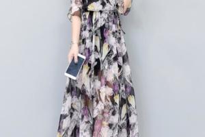 紫花色百搭中袖時尚氣質連衣裙雪紡