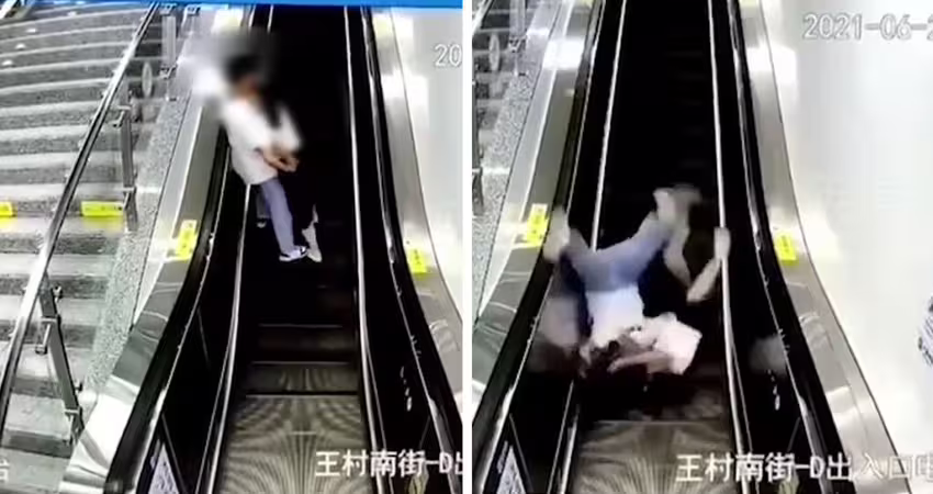 小情侶手扶梯激吻　下秒「倒頭栽」往後摔
