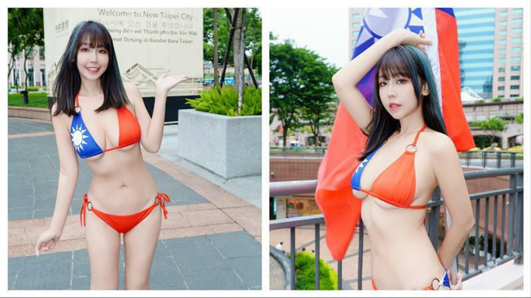 被封為「台版」新垣結衣的網紅希希穿國旗比基尼街拍。(圖/希希提供) 被封為「台版」新垣結衣的網紅希希穿國旗比基尼街拍。(圖/希希提供)