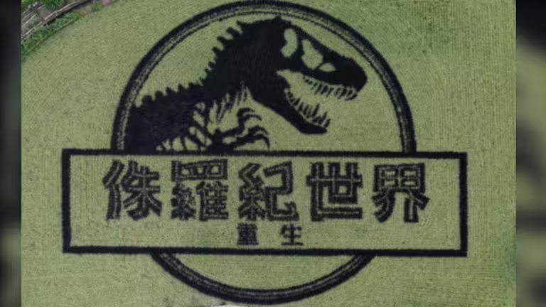 《侏羅紀世界:重生》在苗栗縣苑裡鎮打造超豪華稻田藝術。(圖/UIP提供) 《侏羅紀世界:重生》在苗栗縣苑裡鎮打造超豪華稻田藝術。(圖/UIP提供)