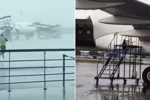 突遇強風暴!機場設備被「吹飛」 3客機慘遭撞毀 突遇強風暴!機場設備被「吹飛」 3客機慘遭撞毀
