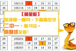 【黃金蛇】金彩10月24日落球第一顆03，下兩期至少二中一，第10次。兩顆球參考!