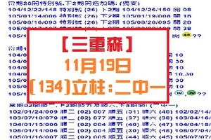 【三重森】11月19日【六合彩】11/19(134)立柱:二中一