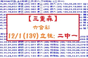 【三重森】【六合彩】12/1(139)立柱:二中一