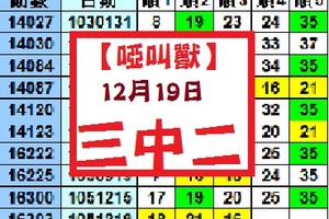 【啞叫獸】12月19日今彩539..三中二參考