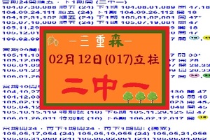 【三重森】「六合彩」02月12日 2/12(017)立柱:二中一