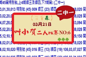 【三重森】「六合彩」03月21日 (033)*叫小賀二人PK賽NO:6*二中一參考