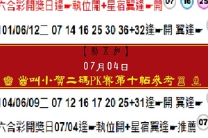 【刺五加】2017「六合彩」07月04日♚叫小賀二碼PK賽第十帖參考♙