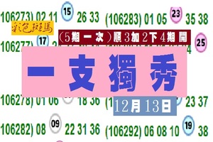 12月13日彩色斑馬精彩(今彩)報爆~一支獨秀~分享版無絕對