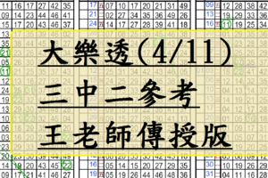 4月11日~大樂透~三中二參考~王老師傳授版~讓你天天笑咪咪~