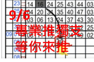 ［9/6］六合彩 專業推獨支 等你來推