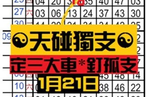 1月21日 六合彩 ☯天碰獨支☯定三大車*釘孤支.