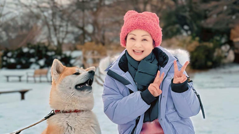 楊貴媚和當地的秋田犬合影。(圖/桂田文化藝術基金會、桂田文創提供) 楊貴媚和當地的秋田犬合影。(圖/桂田文化藝術基金會、桂田文創提供)