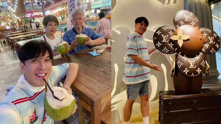 許志豪帶爸媽到泰國旅行,還幸運地朝聖LV咖啡廳。(圖/翻攝自許志豪臉書) 許志豪帶爸媽到泰國旅行,還幸運地朝聖LV咖啡廳。(圖/翻攝自許志豪臉書)