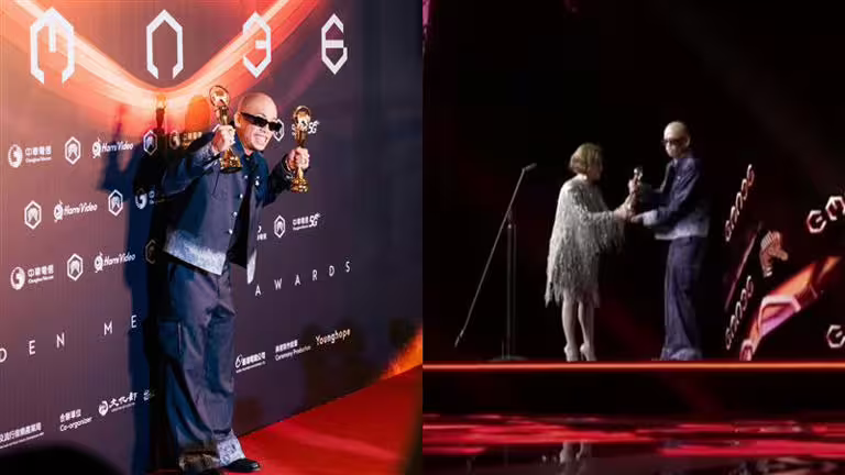 頒獎人張清芳催促:「走快一點,時間很晚了!」呂士軒反誇清芳姐是嘻哈圈的明牌。(圖/翻攝自呂士軒臉書) 頒獎人張清芳催促:「走快一點,時間很晚了!」呂士軒反誇清芳姐是嘻哈圈的明牌。(圖/翻攝自呂士軒臉書)