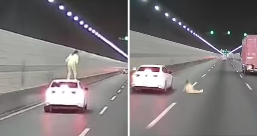 女子爬到車頂　行駛途中突然跳下