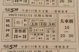 10月13-14日今彩539（大車拼，鐵板神算，熱門牌，八卦天機）參考看看。