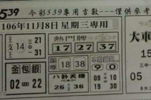 11月8-9日今彩539（大車拼，鐵板神算，八卦天機，本期鐵尾）參考看看。