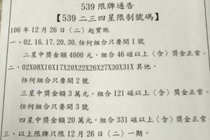 12月26日539（擋牌通知，本期注意號碼，尚未開出）參考看看。