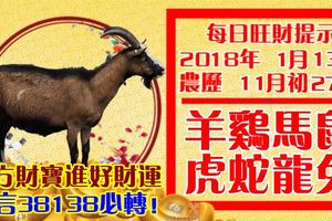 今天1月13日,每日旺財提示：羊雞馬鼠，虎蛇龍兔。八方財寶進好財運！留言38138必轉！