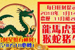 今天1月14日,每日旺財提示：龍馬虎雞，猴蛇豬牛。六合財星照有橫財！留言98518必轉！