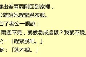 老婆出差回家，老公就讓她趕緊脫衣服，她嬌羞的埋怨老公猴急，結果……