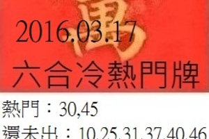 3月17日  六合 冷熱門參考號碼