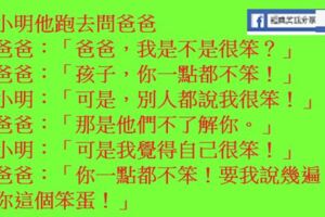 小明懷疑自己是不是智商有點低，他跑去問爸爸：「爸爸，我是不是很笨？」