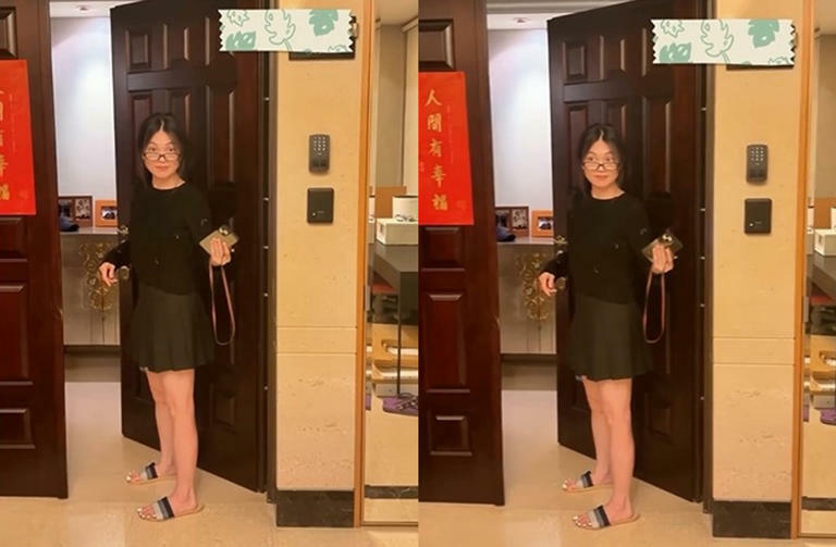 蜜雪身穿居家服、腳踩拖鞋,臉上疑似戴著老花眼鏡。(圖/michellehsu1115 Instagram) 蜜雪身穿居家服、腳踩拖鞋,臉上疑似戴著老花眼鏡。(圖/michellehsu1115 Instagram)