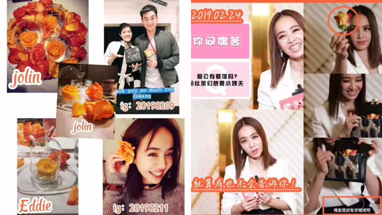蔡依林和彭于晏拿著同款玫瑰花。(圖/翻攝自微博) 蔡依林和彭于晏拿著同款玫瑰花。(圖/翻攝自微博)